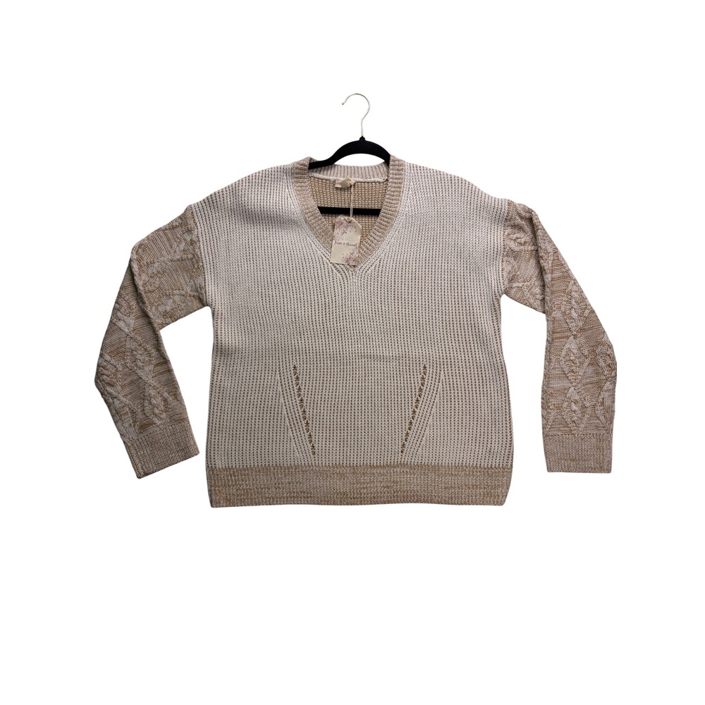 Hem & Thread V-Neck Sweater Women Medium Taupe Cream Cable Knit Pullover